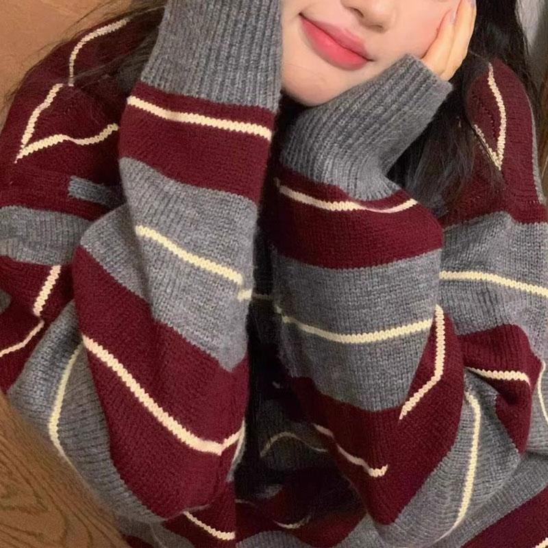 

Винтажные полосатые пуловеры контрастных цветов, вязаная женская одежда, корейские свободные осенне-зимние новые повседневные свитера с длинным рукавом S красный