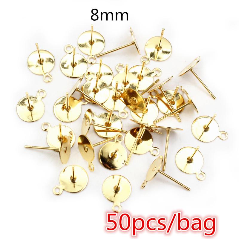 50-100pcs/lot No Fade Stainless Steel Gold Color Blank Earring Stud Fit 4 5 6 8 10 12mm Cabochon Cameo Settings Accessories DIY
