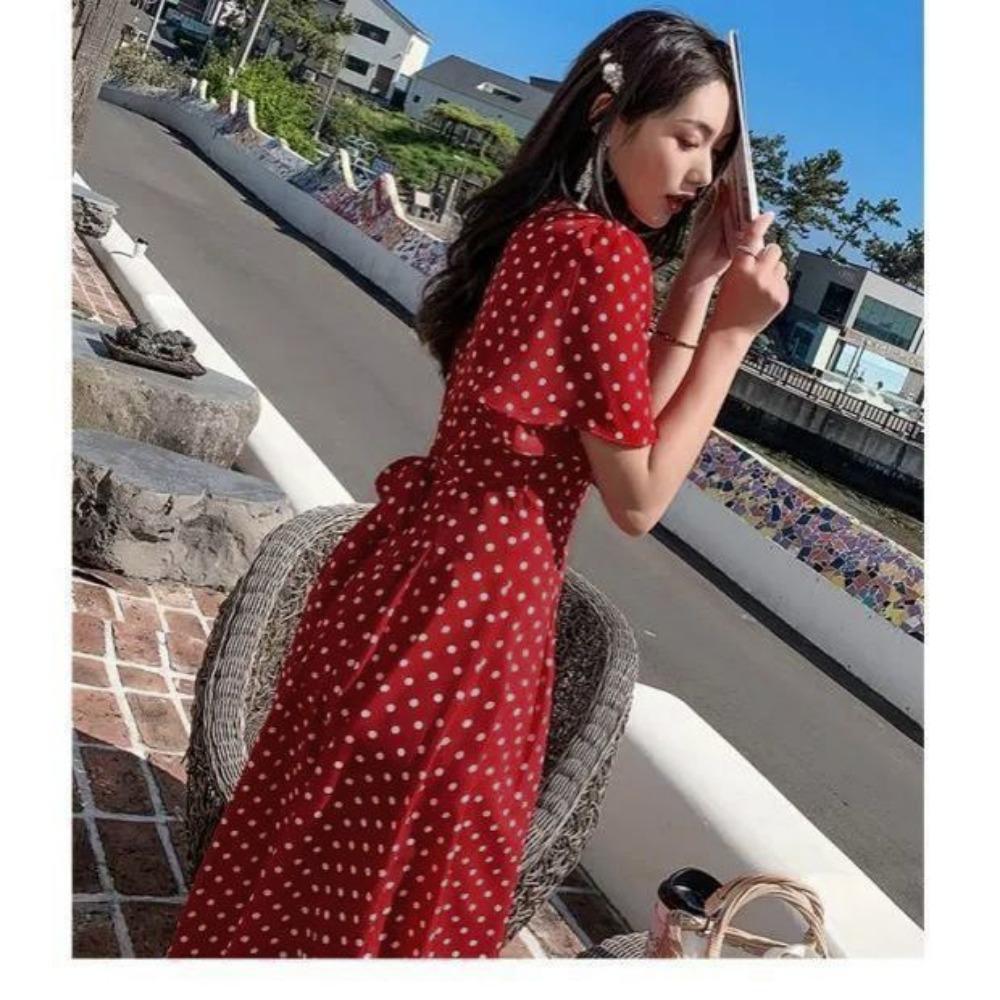 Polka Dot Dresses for Women New Summer Korean Style Temperament Waist-hugging Slim Chiffon Dress