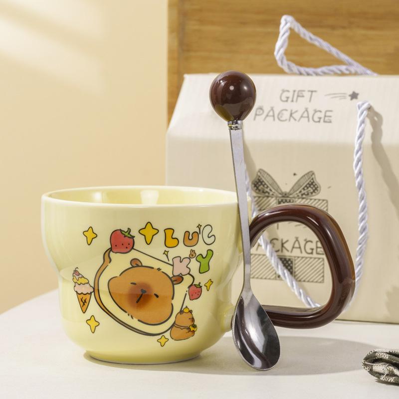 Roztomilý keramický hrnek s kapybarou a lžičkou, hrnek pro pár, vysoký, hezký, kreslený hrnek s kapybarou, suvenýr na oslavu obchodu