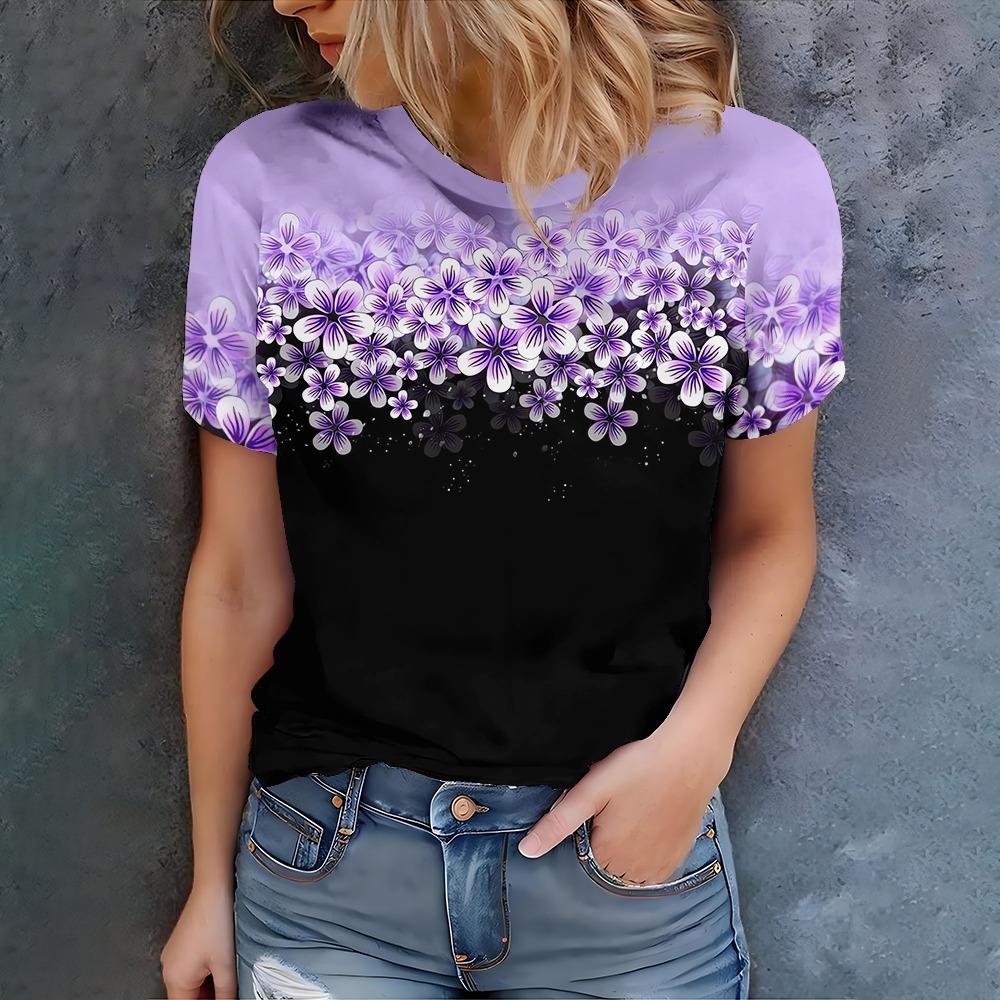Women s Flower T-shirt - Purple Flower Pattern, Fashionable Print, Comfortable and Versatile - New Summer Collection S
