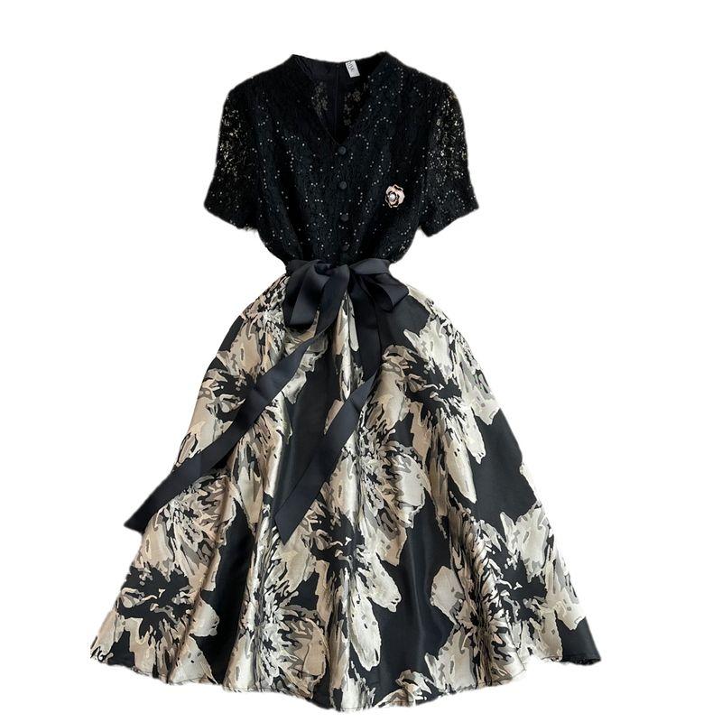 Summer French Style Lace A- line Jacquard Dress Short Sleeve