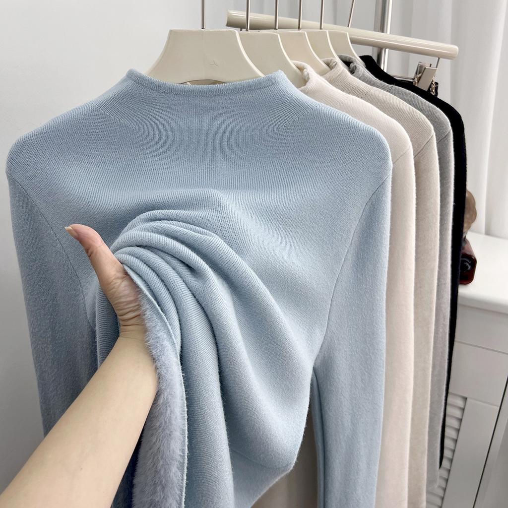 Spring, Autumn and Winter New Milk Waxy Versatile Semi-turtleneck Plush Thickened Sweater Bottom Shirt Femininity Inner Top