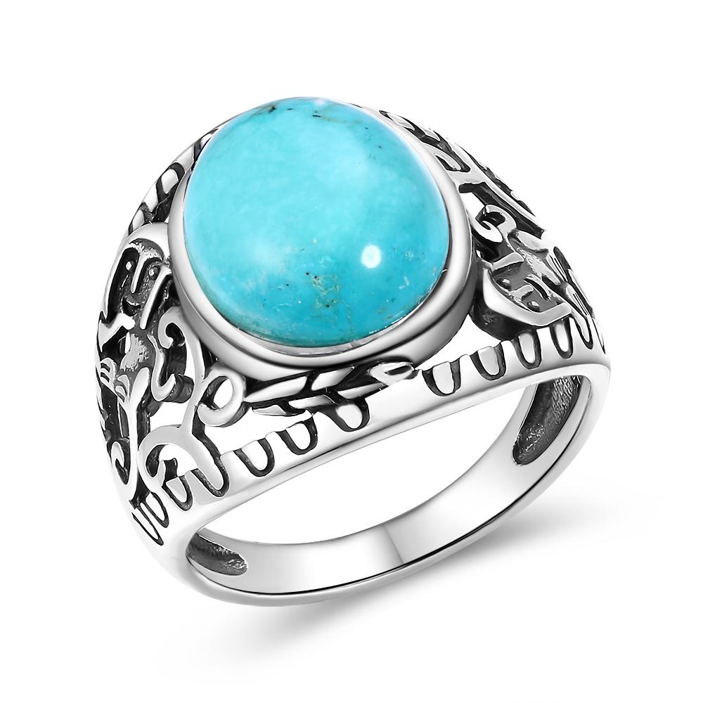S925 Silver Oval Natural Turquoise Ring for Men and Women