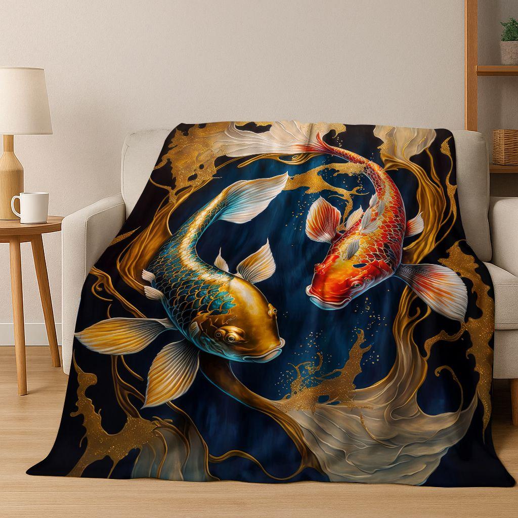 Luxuriöse Glückskarpfen Yin Yang Karpfen Cartoon Flanell Decke, Gemütliche Weiche Überwurfdecke für Zuhause Schlafzimmer Bett Sofa Abdeckung Geschenk Kind