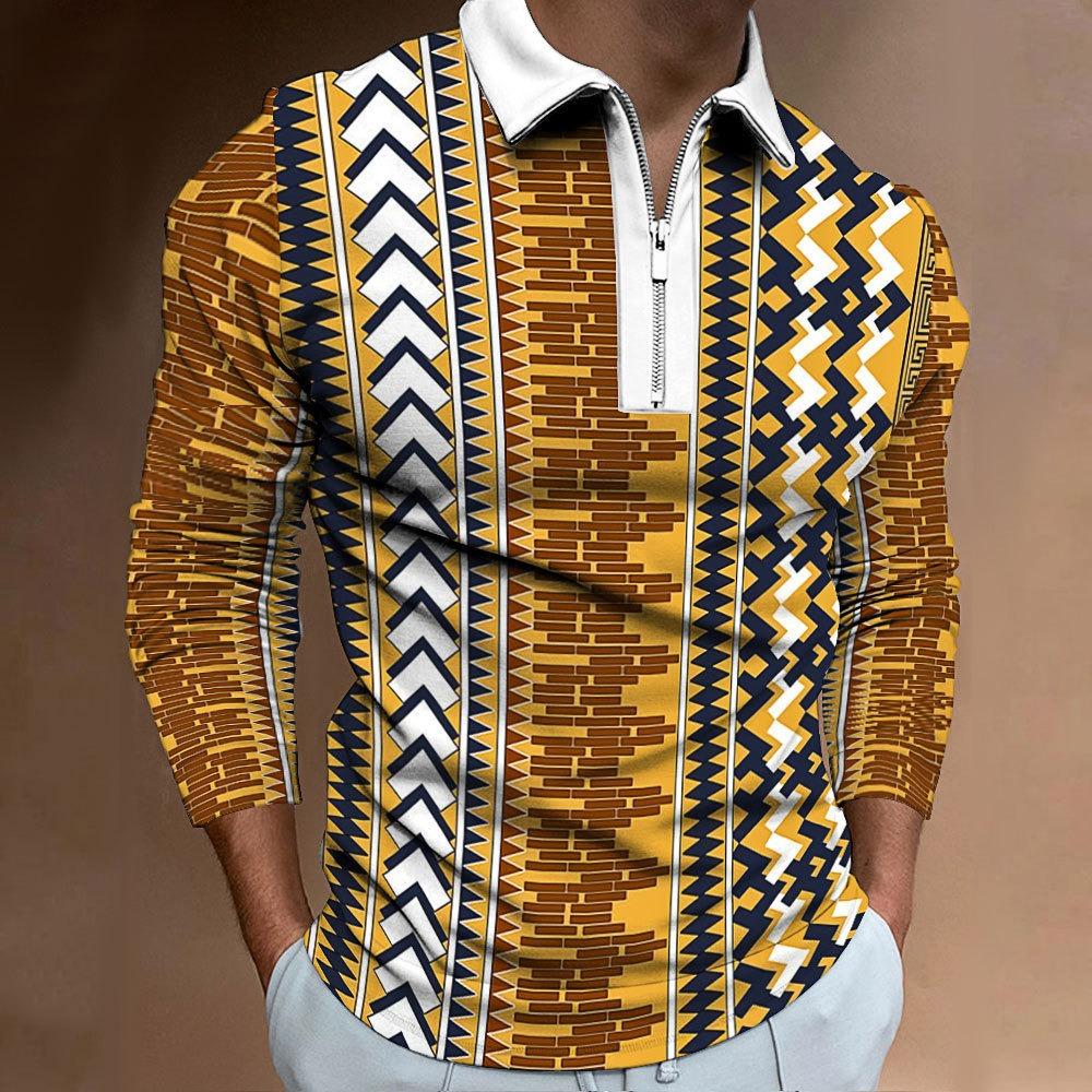 Men's Polo Shirt Digital Printing Men's Sweatshirt T-shirt Men's Autumn and Winter New Ethnic Style T-shirt Tops Men's Lapel Shirt