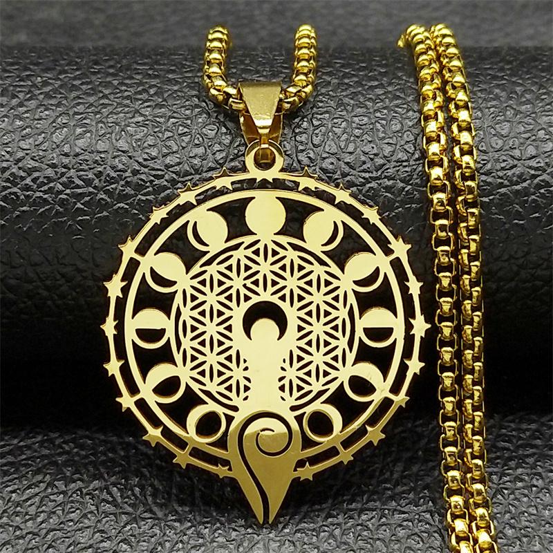 Wicca Dreifache Mondphase Hekate Göttin Halskette für Damen Herren Edelstahl Griechisches Rad der Hekate Kette Schmuck collier