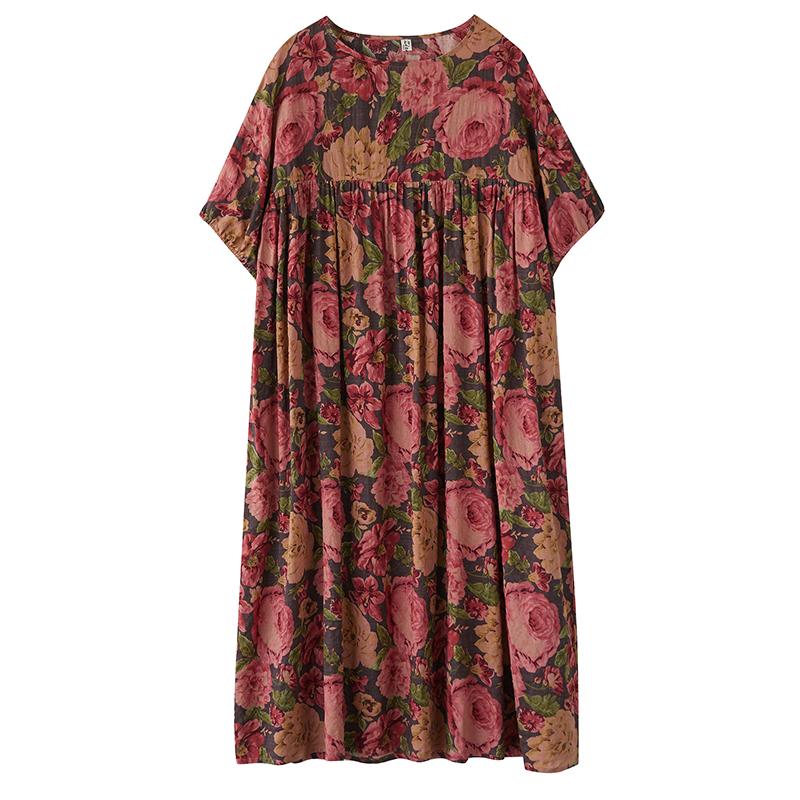 DIMANAF 2025 Summer Women Plus Size Vintage Long Dress Short Sleeve Casual Basic Floral Printing Loose Dress