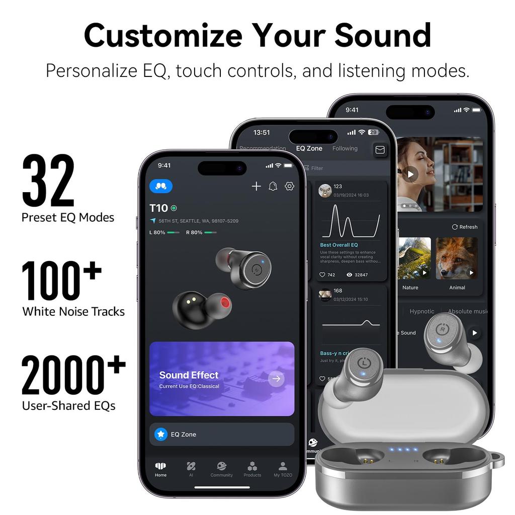 TOZO T10 Earphones Bluetooth Wireless Earphones Frequencies Warm Sound Quality Small and Lightweight Comfortable Microphone AI Noise Reduction During