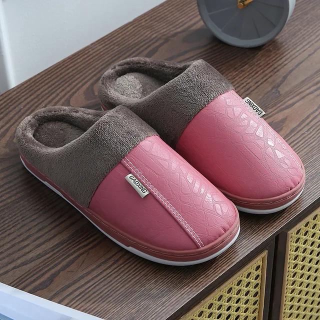 Men's Slippers for Home Use, Winter Indoor Warm Shoes, Thick Soled Plush Waterproof Leather for Home Use, Couple's Cotton Shoes