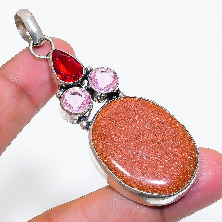 Natural Red Sunstone, Kunzite 925 Sterling Silver Jewelry Pendant 2.76" ZS-823