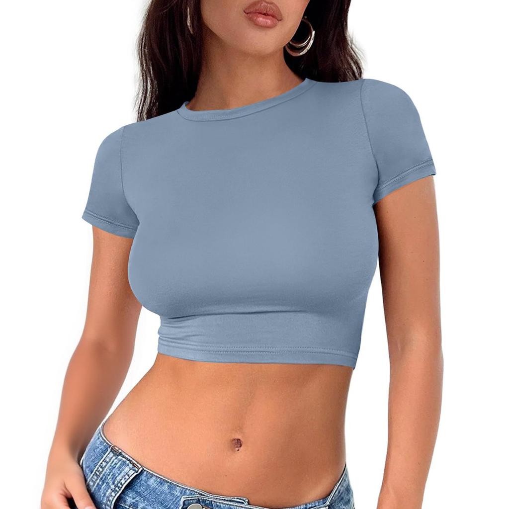 Damenmode Rundhals Halskette T-Shirt Slim Einfarbig Kurzarm Top