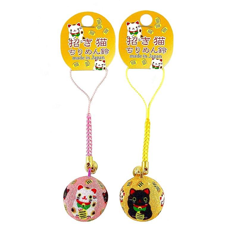 

[Kyosuke] made in Japan Crepe beckoning cat print bell Netsuke full length Approximately 11cm Japanese pattern key ring set of 2