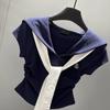 Korean College Style Fashion Contrasting Colors Navy Collar Short-sleeved T-shirt Women's Summer New Slim-fitting and Thin Top Ins