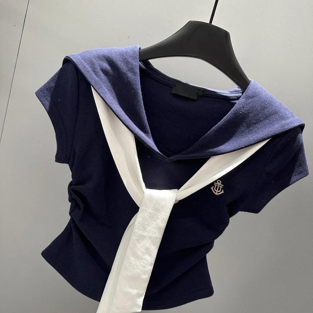 Korean College Style Fashion Contrasting Colors Navy Collar Short-sleeved T-shirt Women's Summer New Slim-fitting and Thin Top Ins
