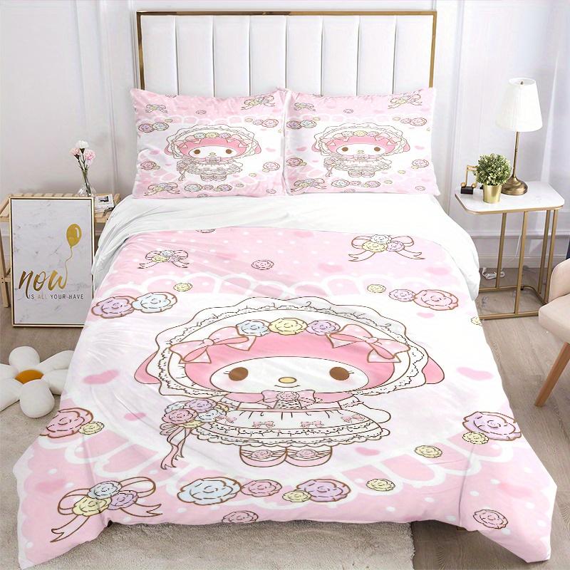 3pcs Pink Flowers My Melody Bedding Set, Including 1 Quilt Cover and 2 Pillow Shams, Without Filling, Soft and Comfortable Home Bedroom Fabr
