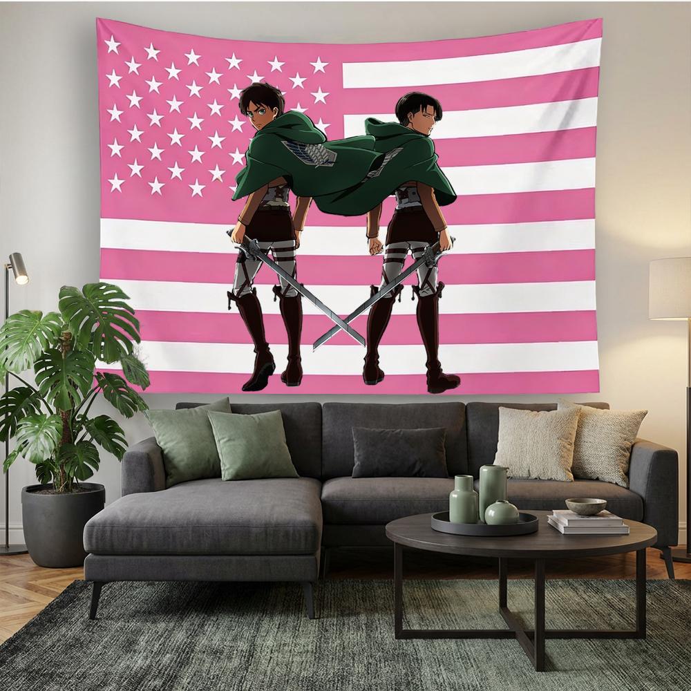 Attack On Titan Eren & Levi Pink American Flag Tapestry, Anime Fan Merch Wall Hanging For Bedroom Living Room, Flat Print Decor