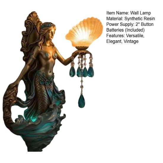 Mermaid Wall Sconce Vintage Resin LED Lamp for Bedroom Living Room Warm Glow Fantasy Decor Unique Gift for Ocean & Mythical Lovers
