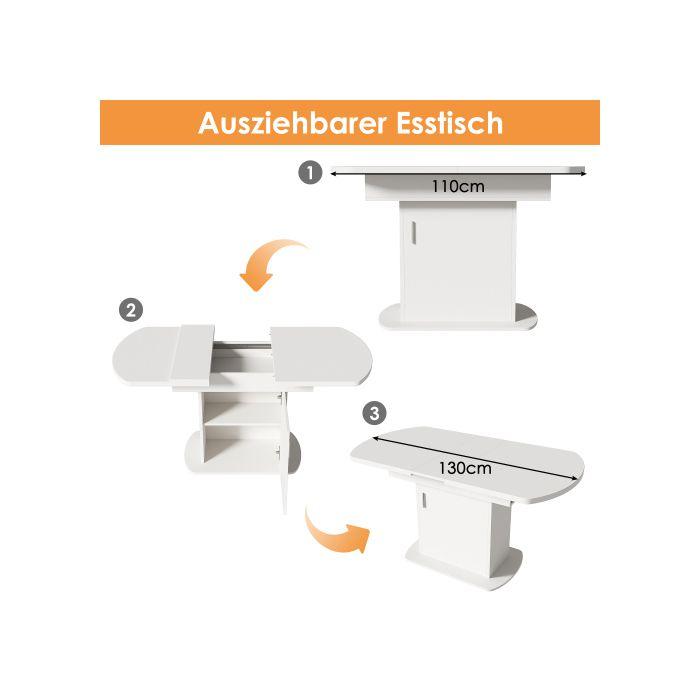 Dining Table - MUVOE - Oval with Extension - White - 110/130x70x75 Cm - Contemporary Design