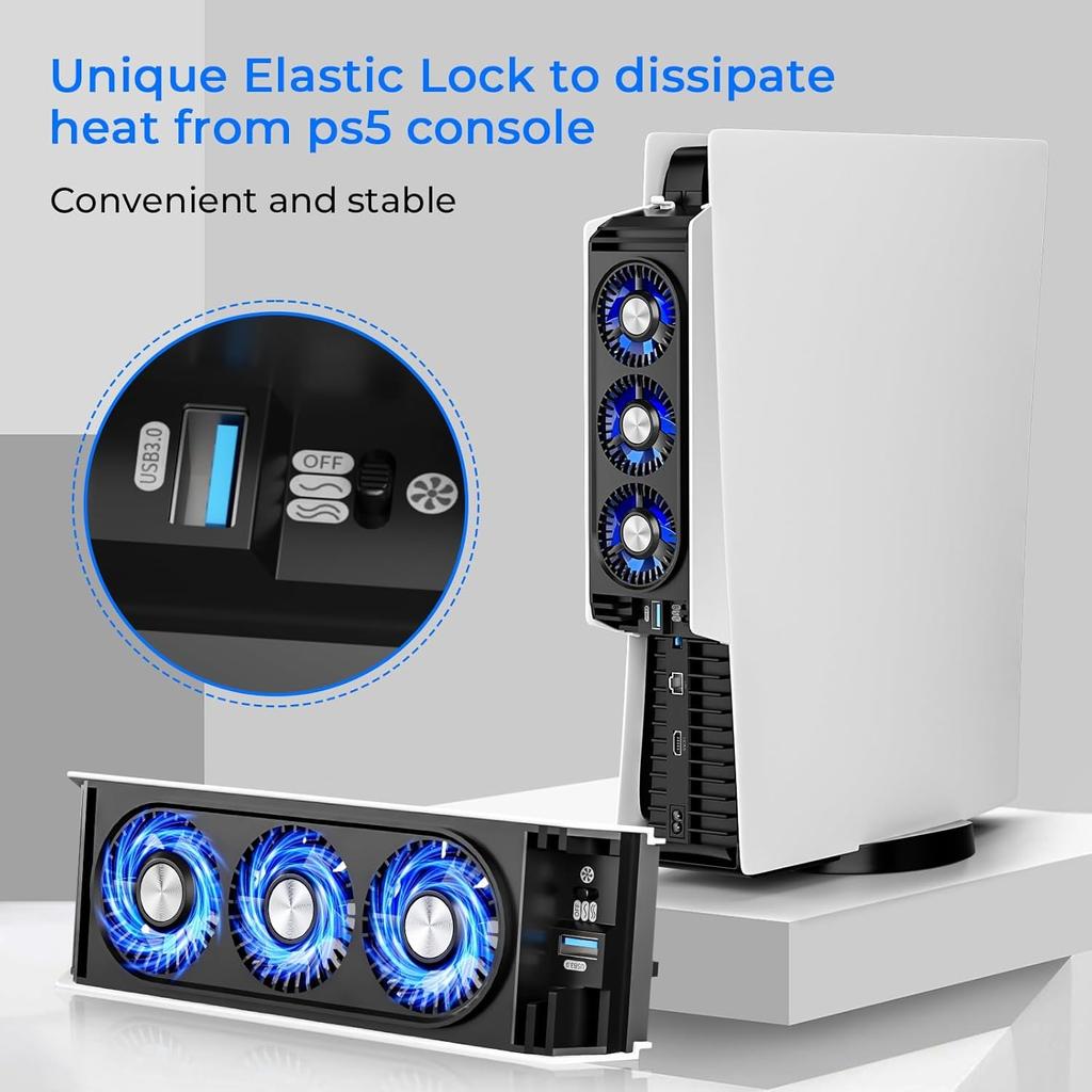 Verbesserter Lüfter mit LED-Licht,Leises und effizientes Kühlsystem,2 Lüftergeschwindigkeiten,3 kleine Lüfter,USB 3.0-Anschluss für PlayStation5 Digital- und Disc-Edition