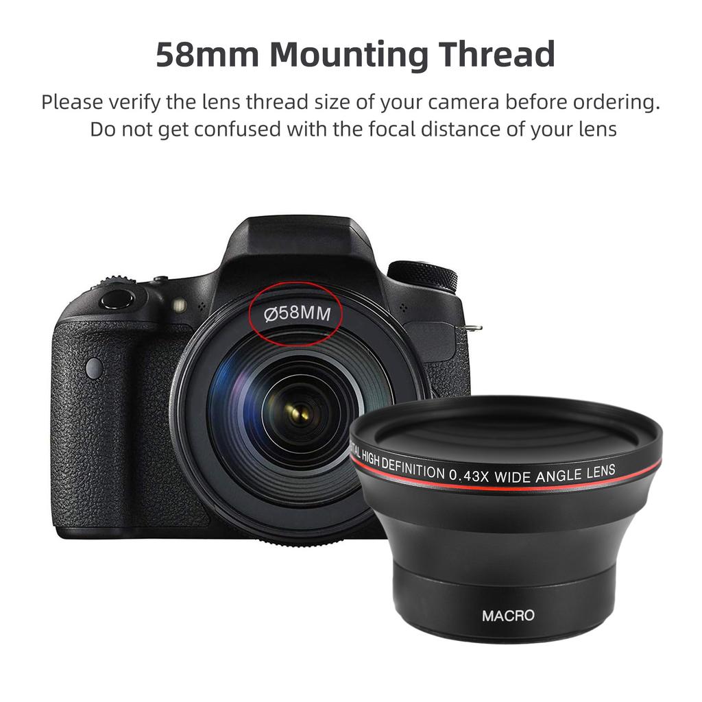58mm Camera Lens Kit with 0.43X Wide Angle Lens + Macro Lens Aluminum Alloy  DSLR Camera Lens Replacement for Canon EOS
