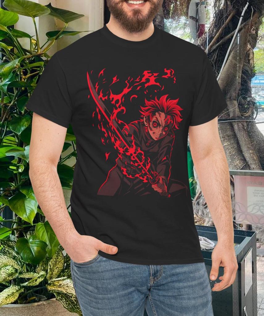 Flaming Blade Warrior – Intense Anime-Inspired Fire Sword T- Shirt