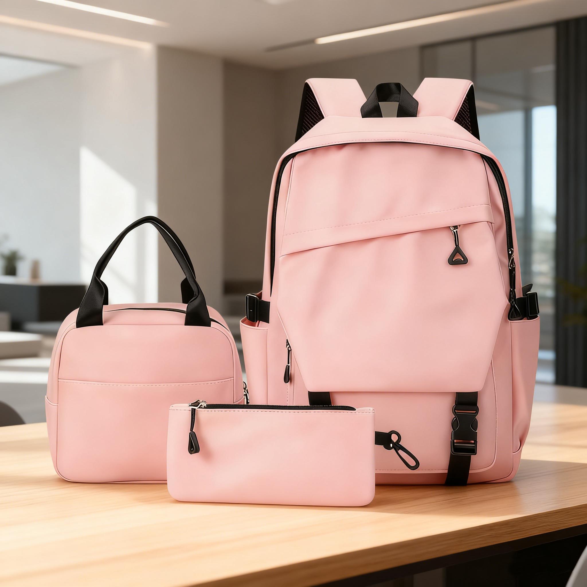 3-in-1 Wasserdichtes Schulrucksack-Set, Laptop-Rucksack mit Brotdose und Federmäppchen für Schüler und Teenager rosa