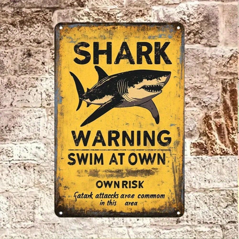 

Vintage Shark Warning Tin Metal Wall Plaque 8x12 Inch Retro Home Decor Garage Bar Man Cave Yellow Black разноцветный