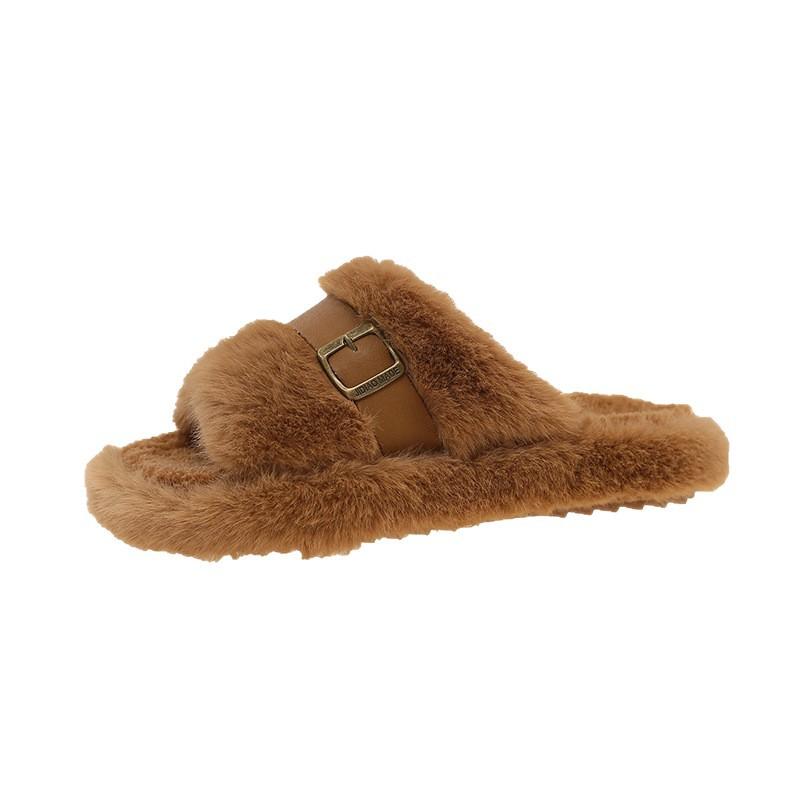 2025 new thick-soled fluffy slippers women's autumn and winter wear comfortable slippers high-grade belt buckle thick-soled cotton slippers