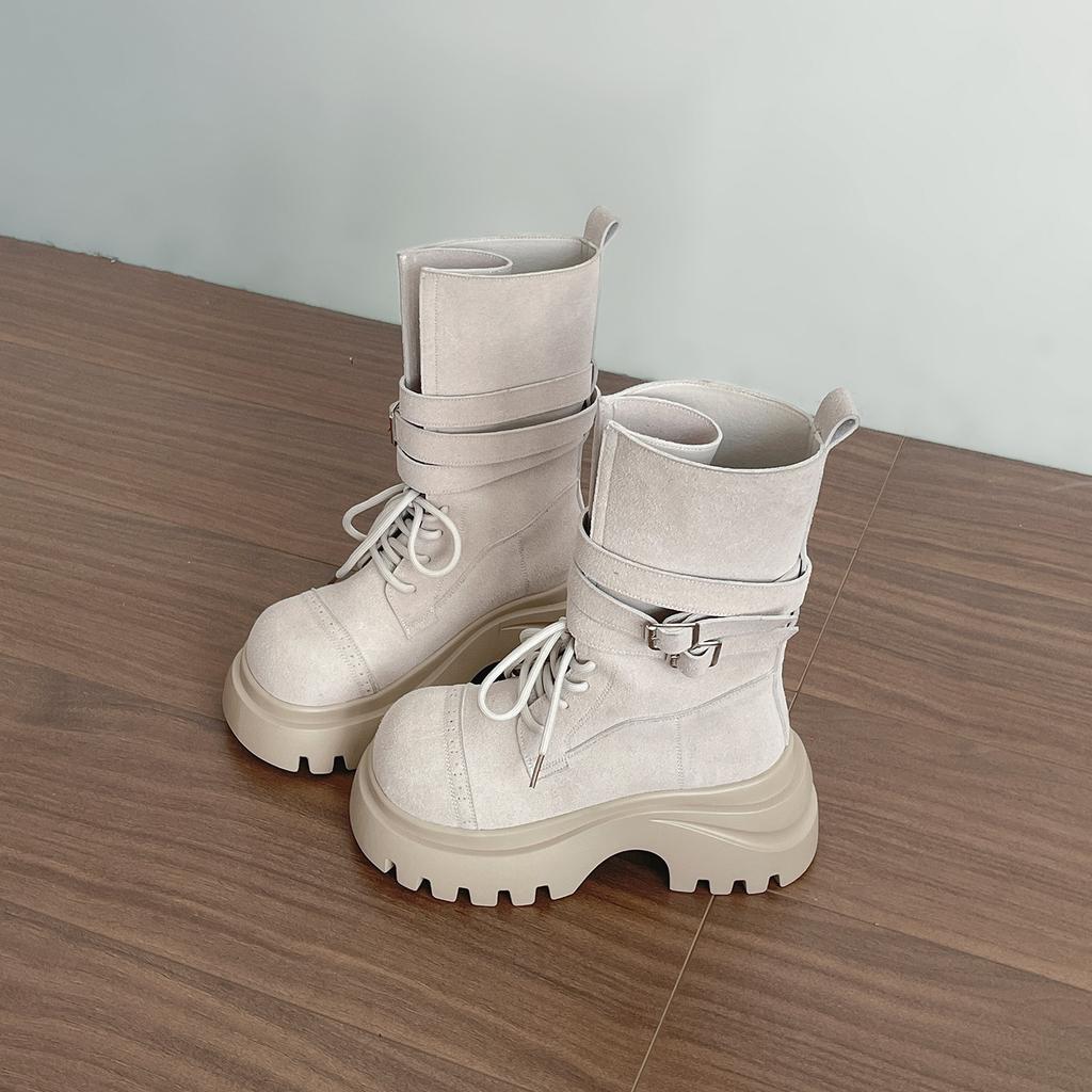 Mid Calf Women Boots Flats Platform Shoes Lace Up Casual Shoes Woman Winter 2025 New Buckle Chelsea Boots Sport Walking Shoes