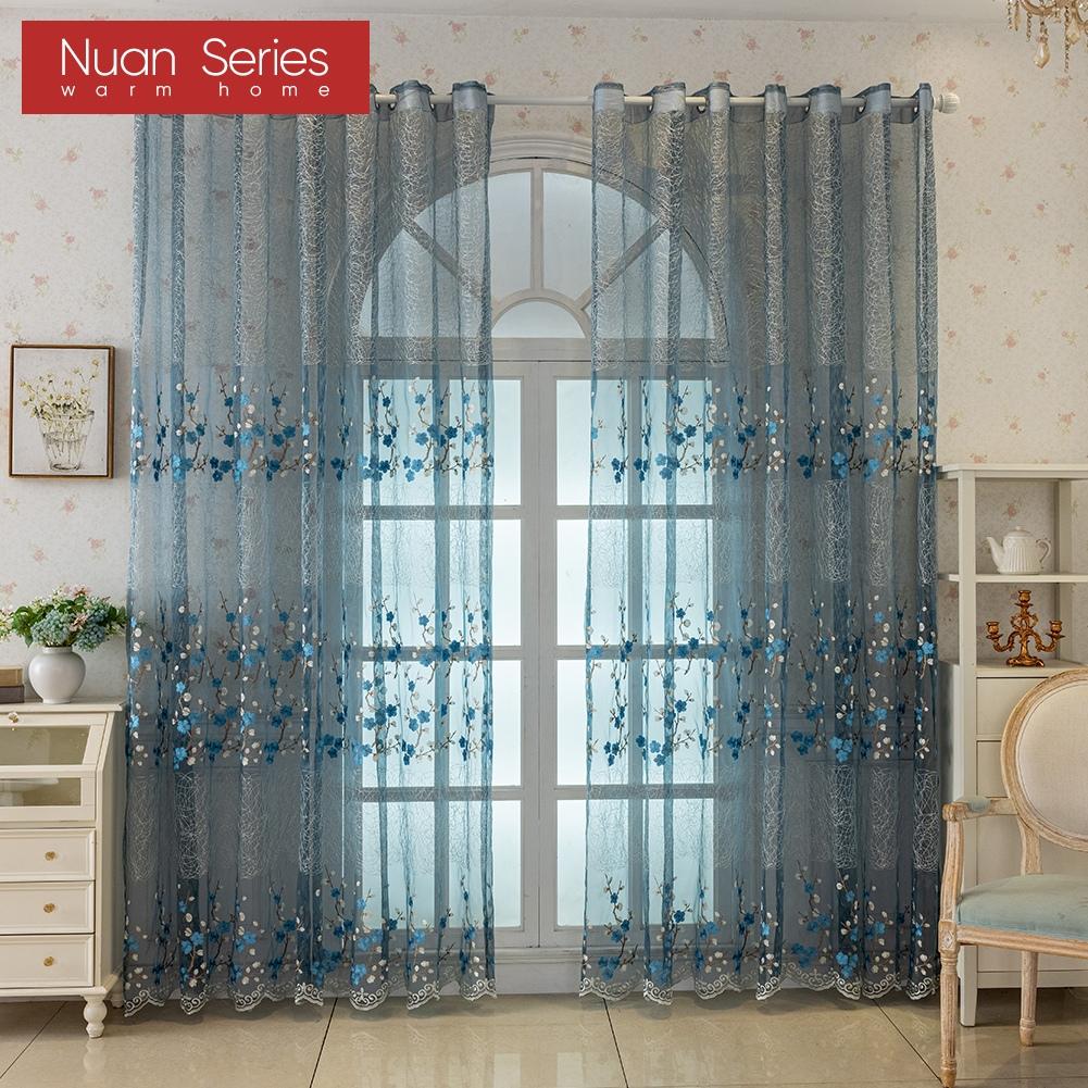 1PC Nuan Series European Retro Embroidered Sheer Curtain, Plum Blossom Pattern Transparent Curtain for Living Room Bedroom Balcony Window Home Decor