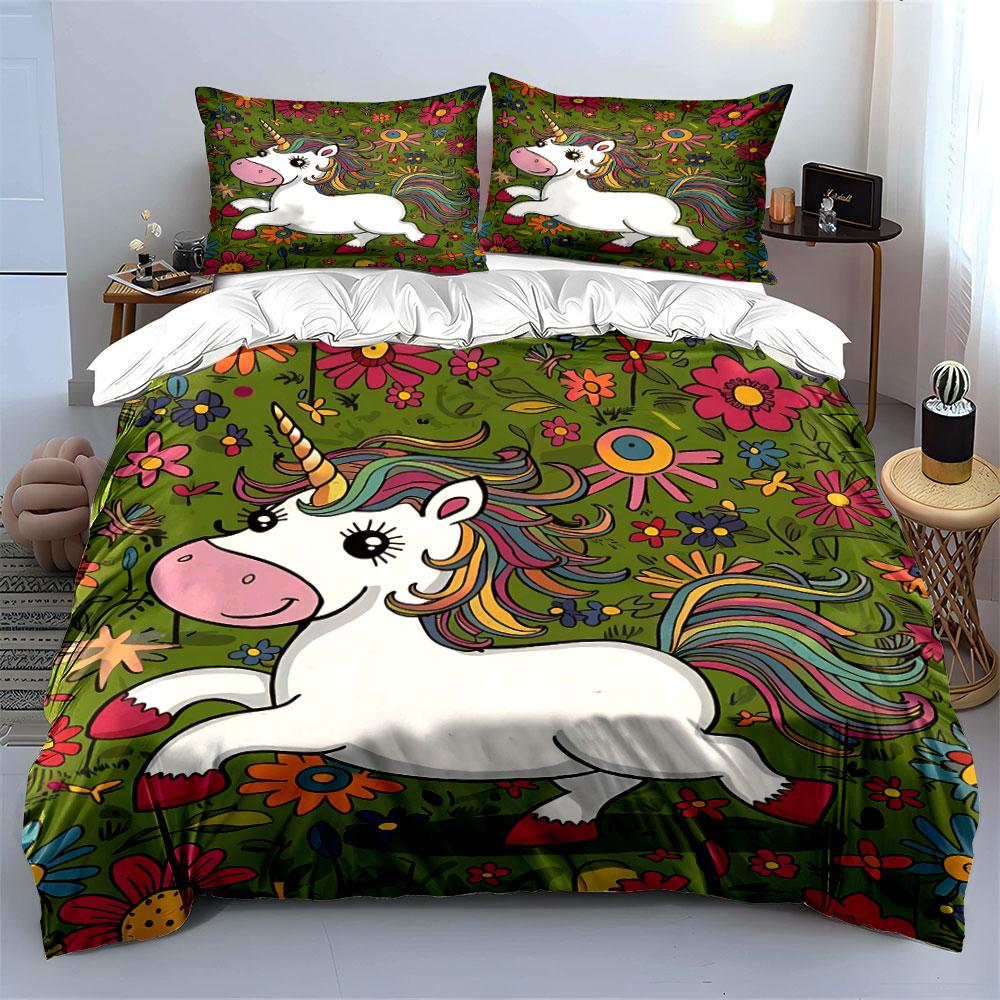 Unicorn and Floral Bedding Set Bedding Duvet Cover Set Duvet Cover Pillowcases (1 * Duvet Cover 2 * Pillowcases, Without Duvet Insert)