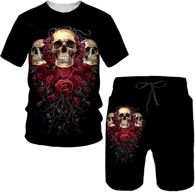 Summer 2 Piece Outfits Sets Tshirt and Shorts Tracksuit Men's Oversized Cloth Streetswear Vintage Skull Gothic 3D Print Men Sets