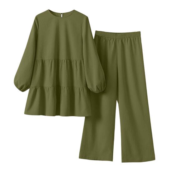 Sett Ensfarget O-hals Langermet Plissert Patchwork Topp Bredt ben Elastiske midjelommer Bukser Dame Fritidsklær