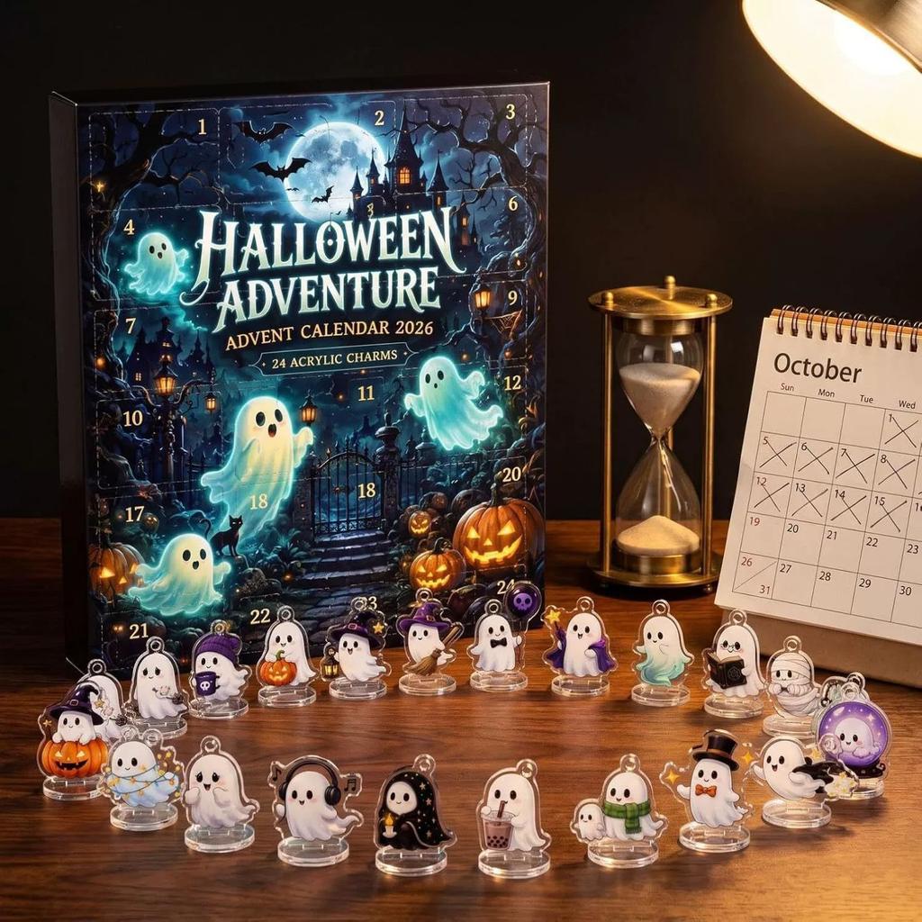 Halloween Adventskalender 2026, Acryl Geist Blind Box Countdown-Kalender mit täglichen Überraschungstüren, Tisch-Feiertagsdekoration für Heimparty Geschenk