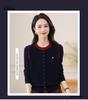 Women's Round Neck Contrast Color Wool Knit Cardigan - Soft Hong Kong Style Petite Sweater Jacket