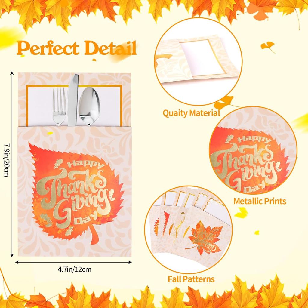 FOIMAS Thanksgiving Cutlery Holder,24 Pack Pumpkin Turkey Cutlery Utensil Holders for Fall Thanksgiving Harvest Party Dinner Table Decoration Supply