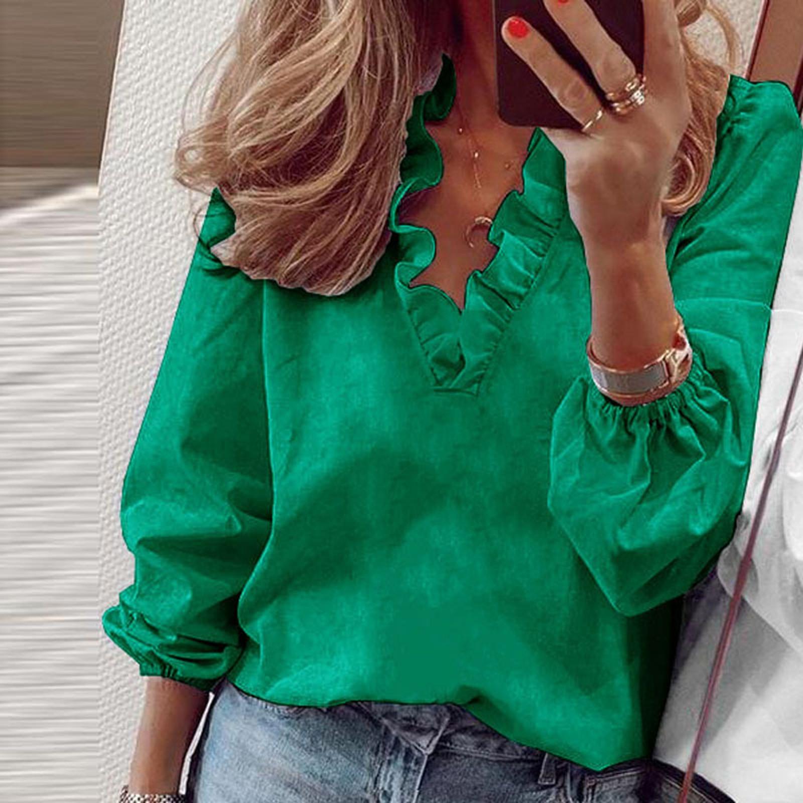 Women s Fashion Color Loose Ruffle Long Sleeve V-Neck Shirt XXL зелёный
