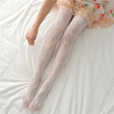 White Lace Bow Flower Fishnet Stockings - Sexy Black Silk Pantyhose