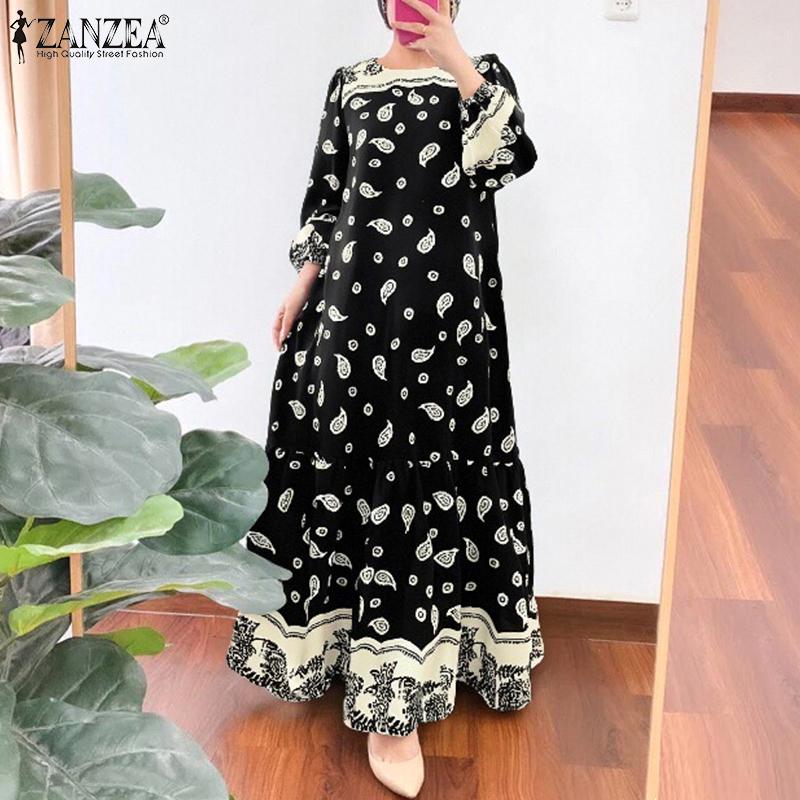 ZANZEA Women Casual Round Neck Long Sleeve Loose Retro Print Dress