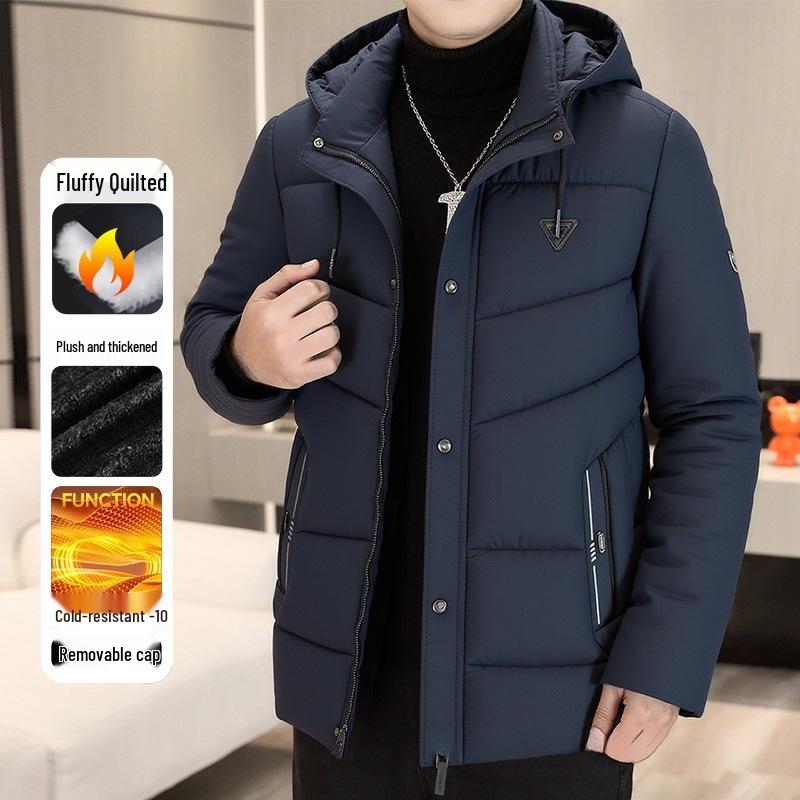 Winter 2025 Men's High Loft Warm Cotton Jacket with Detachable Hood for Middle-Aged and Elderly Business Wear.