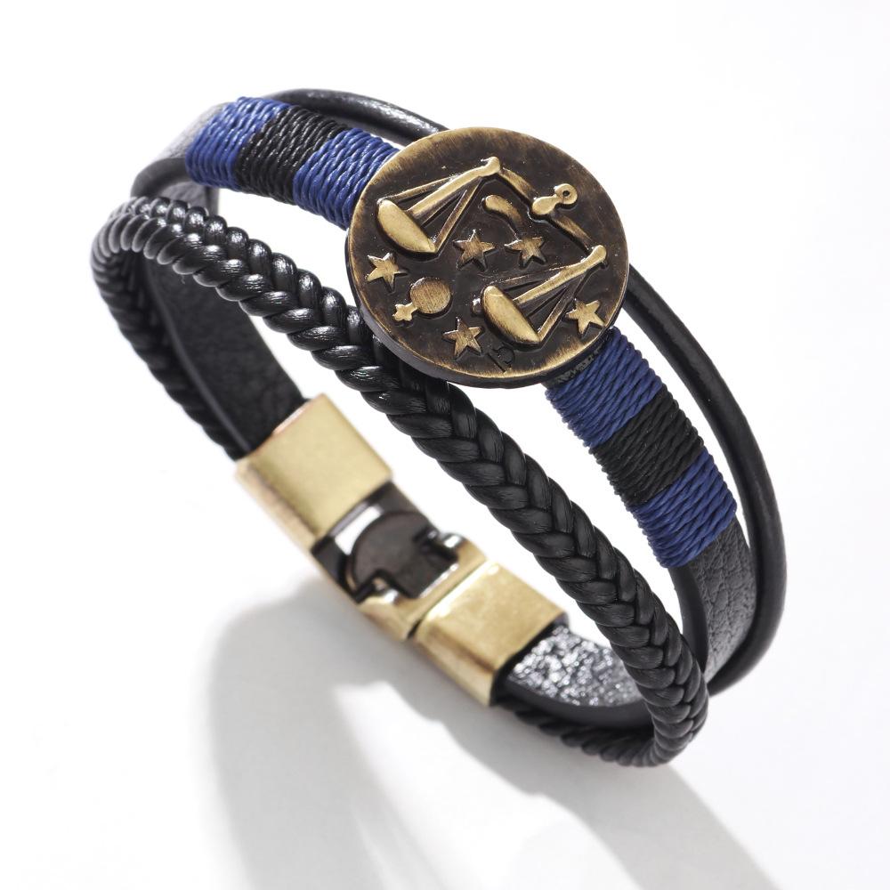 JMXD 12 Zodiac Punk Style Studded Leather Bracelet Hand-Woven Rope Zodiac Band Fashion Accessory Unisex Gift