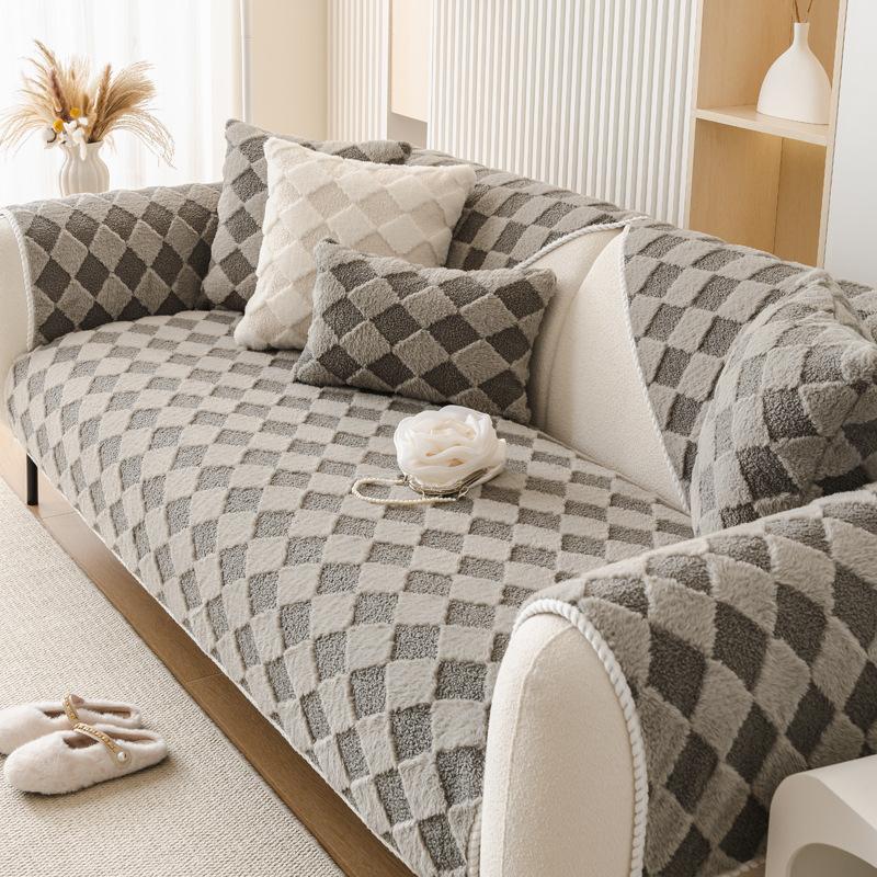 

Зимний чехол для дивана, утепленный плюшевый клетчатый Нескользящий диван, подушка для гостиной, универсальный чехол для дивана, спинка, полотенце, коврик для дивана 30x50cm pillowcase серый