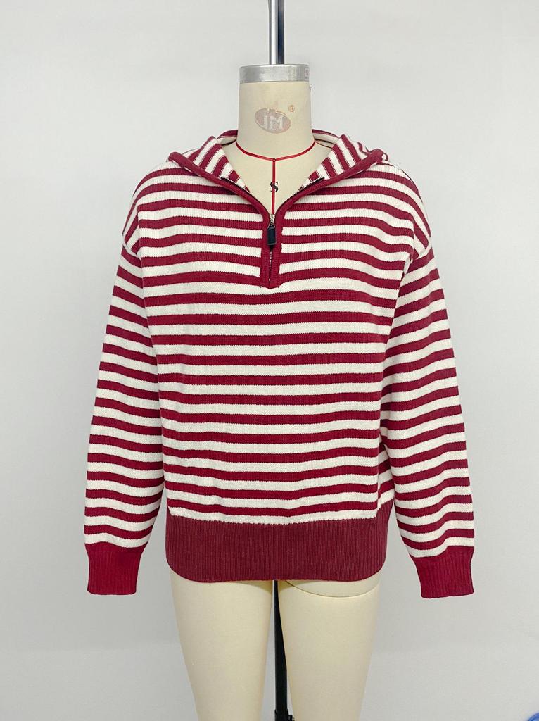 Women's Retro Striped Zipper Hooded Sweater - Autumn/Winter Casual Pullover Jacket