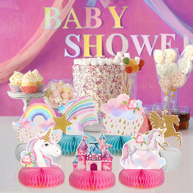 9pcs Rainbow Unicorn Honeycomb Balls Party Table Decorations Paper Fan Set Birthday Party Baby Shower Decor Desktop Supplies