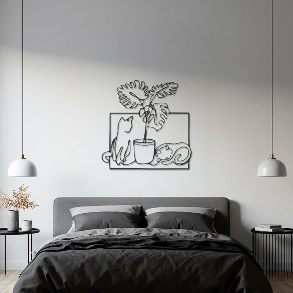 Modern Minimalist Cat and Plant Metal Wall Art, Abstract Line Drawing Decor for Living Room