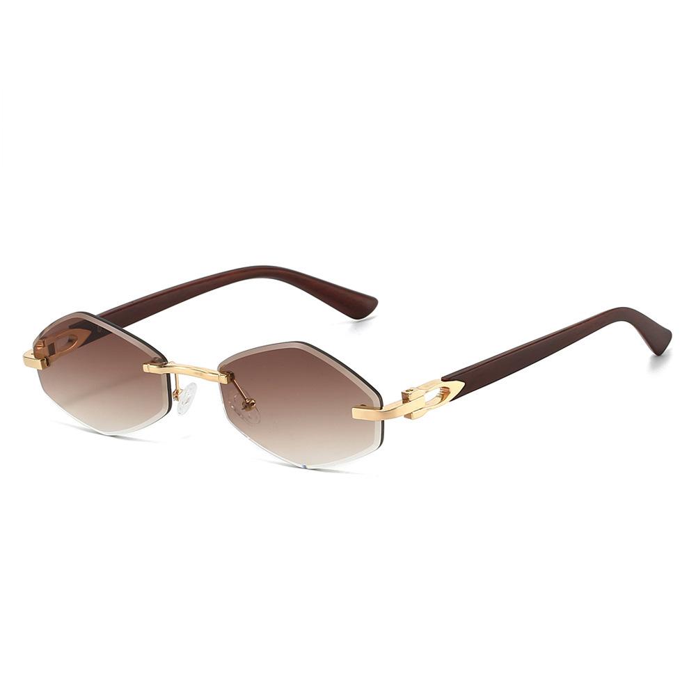 New frameless trimmed sunglasses, European and American retro small frame sunglasses, wood grain legs, trendy street glasses