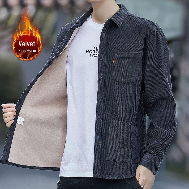 Men's Fleece-Lined Corduroy Shirt Jacket with Pockets - Long Sleeve, Thick, Loose Fit for Autumn/Winter.