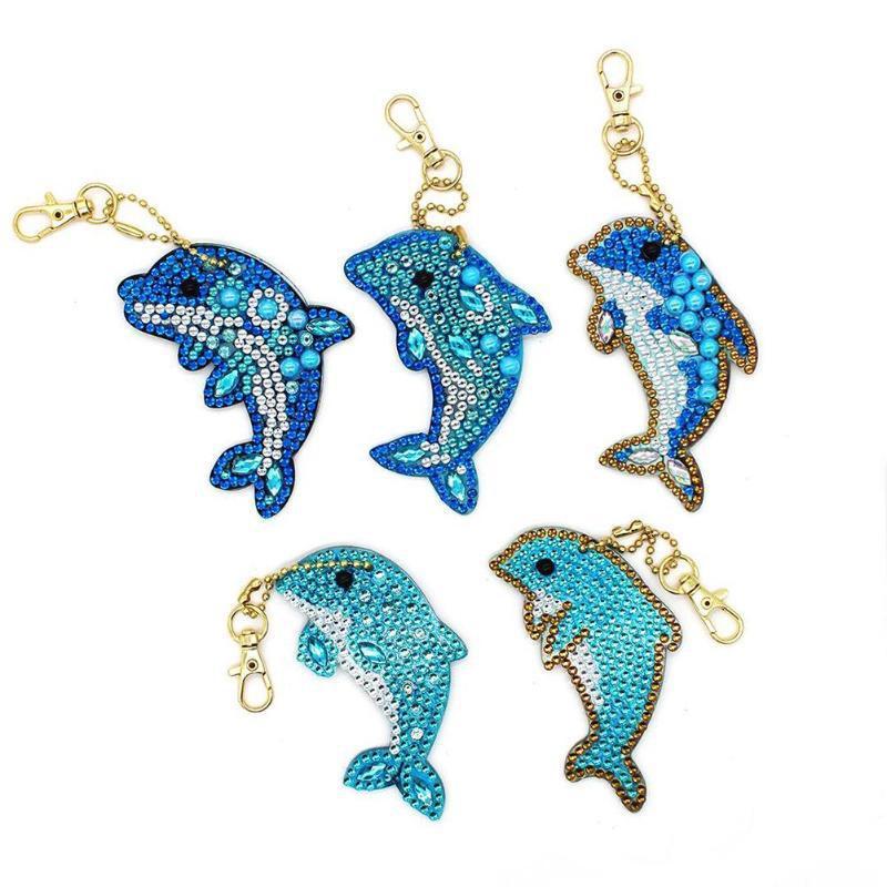 DIY Diamond Painting Cartoon Dolphin Animal Pendant Acrylic Double Side Sequins Key Chain Ring Set Special Shaped Pendant Gifts