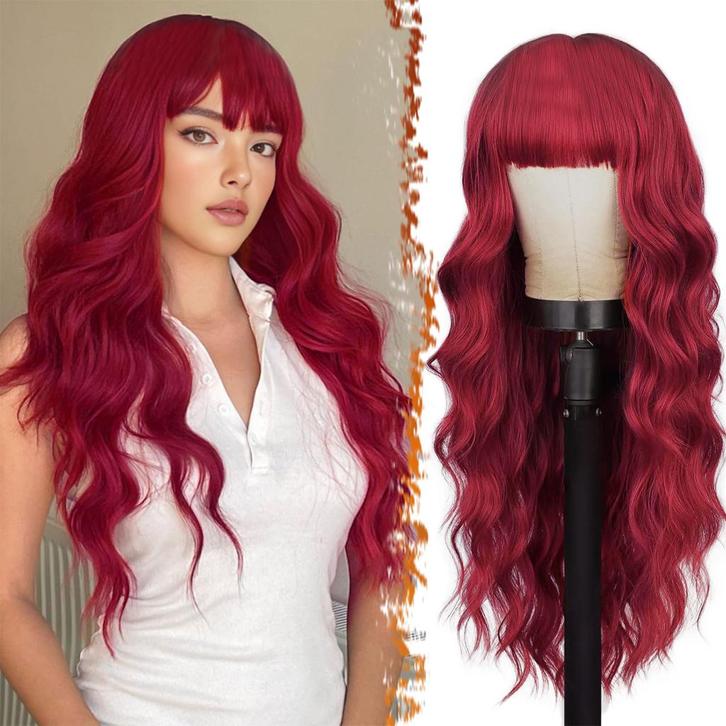 Synthetic Long Wavy Red Ombre Wig with Bangs - 26 Inch curly Wig for Women Natural Looking Soft Halloween Cosplay Constume Wigs
